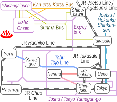 Train and bus route map of Rotenburo, Ikaho Onsen, Gunma Prefecture