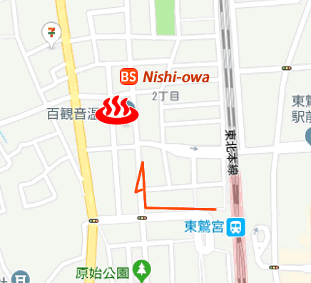 Map and bus stop of Hyakkannon-onsen, Higashi-Washinomiya in Saitama Prefecture