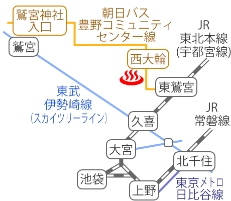 埼玉県東鷲宮百観音温泉の電車バス路線図