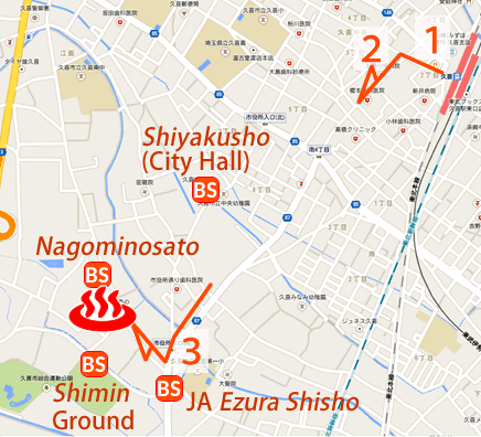 Map and bus stop of Morinoseseragi Nagomi, Kuki City in Saitama Prefecture
