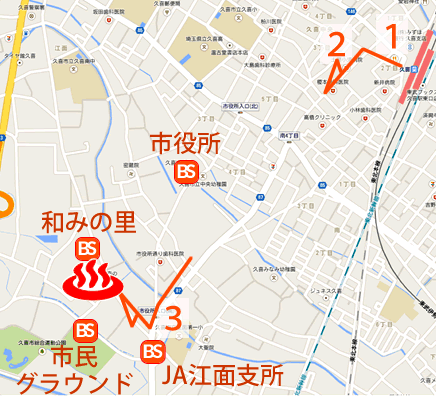 Map and bus stop of Morinoseseragi Nagomi, Kuki City in Saitama Prefecture