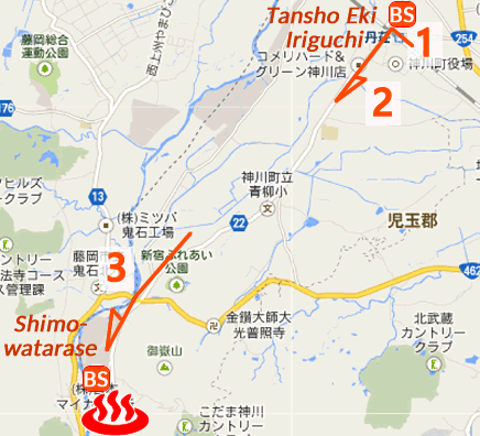 Map and bus stop of Ofuro Cafe Hakujunoyu in Saitama Prefecture