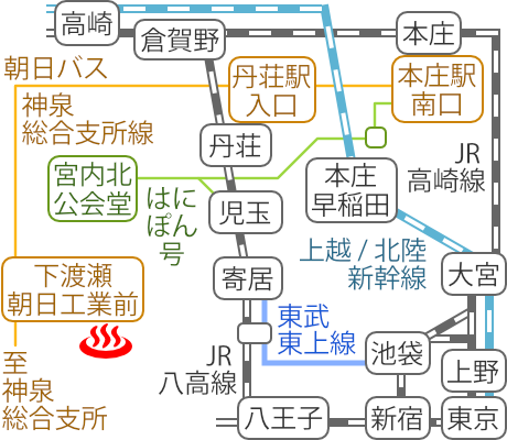 埼玉県おふろcafe白寿の湯の電車バス路線図