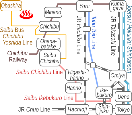 Train and bus route map of Chichibu Kawabata-onsen Bonnoyu, Saitama Prefecture