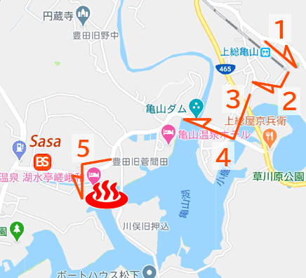Map and bus stop of Kosuitei Sagawa, Kameyama Onsen in Chiba Prefecture