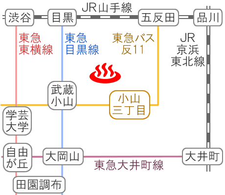 Train and bus route map of Musashikoyama-onsen Shimizuyu, Tokyo