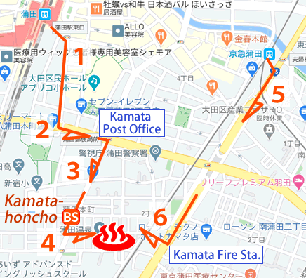 Map and bus stop of Kamata-onsen, Ota City, Tokyo