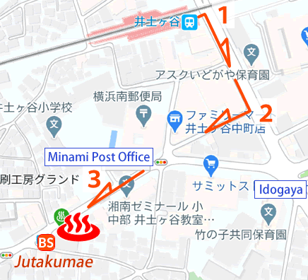 Map and bus stop of Yokohama Tennen-onsen Kusatsu, Kanagawa Prefecture