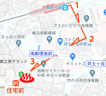 Map and bus stop of Yokohama Tennen-onsen Kusatsu, Kanagawa Prefecture