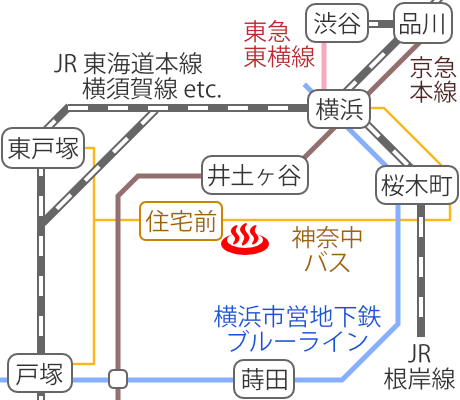 神奈川県横浜天然温泉くさつの電車バス路線図