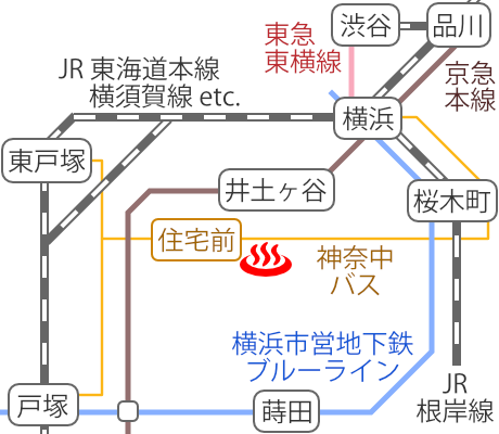 Train and bus route map of Yokohama Tennen-onsen Kusatsu, Kanagawa Prefecture