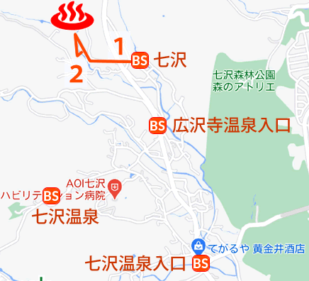 神奈川県七沢温泉郷かぶと湯温泉山水楼の地図とバス停