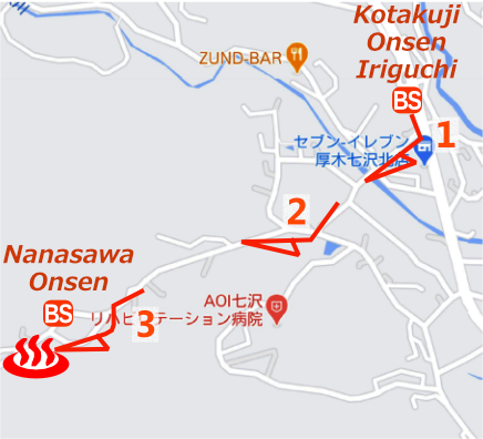 Map and bus stop of Nanasawa Onsen Motoyu Tamagawakan in Kanagawa Prefecture