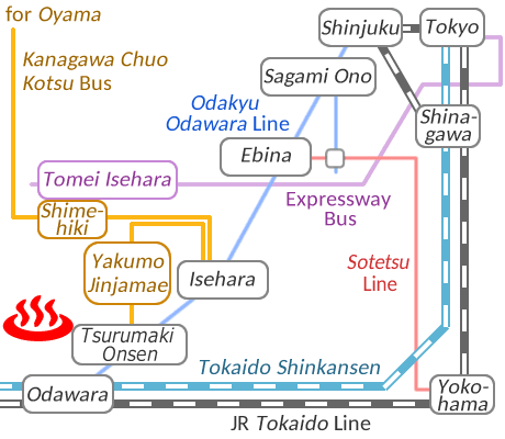 Train and bus route map of Tsurumaki Onsen Kobonosatoyu, Kanagawa Prefecture