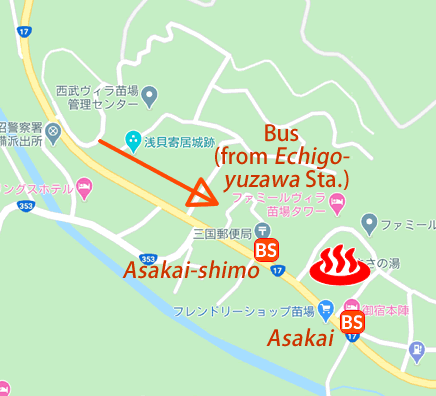 Map and bus stop of Yukisasanoyu, Naeba Onsen in Niigata Prefecture, Japan