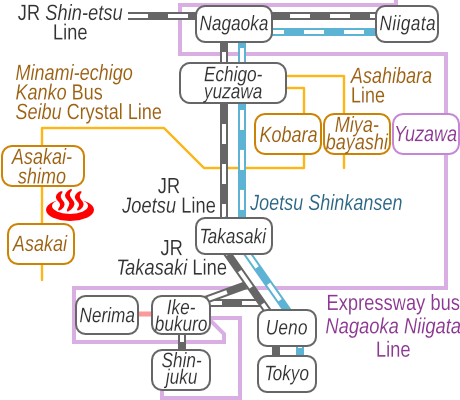 Train and bus route map of Yukisasanoyu, Naeba Onsen, Niigata Prefecture, Japan