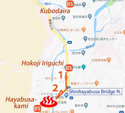 Map and bus stop of Hayabusa-onsen in Yamanashi Prefecture