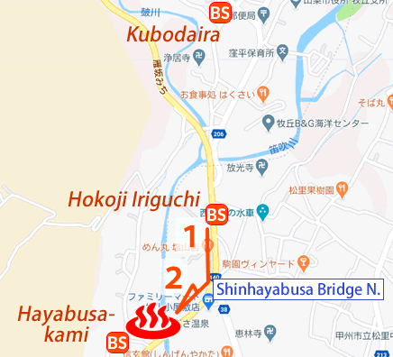 Map and bus stop of Hayabusa-onsen in Yamanashi Prefecture, Japan