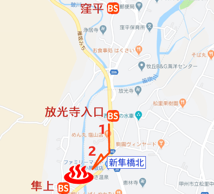 Map of Hayabusa-onsen, Yamanashi Prefecture, Japan (bus stop included)