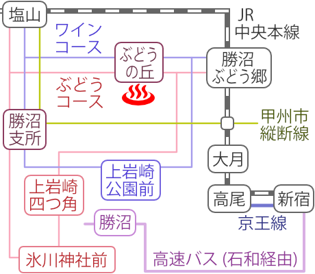 山梨県勝沼ぶどうの丘温泉天空の湯の電車バス路線図