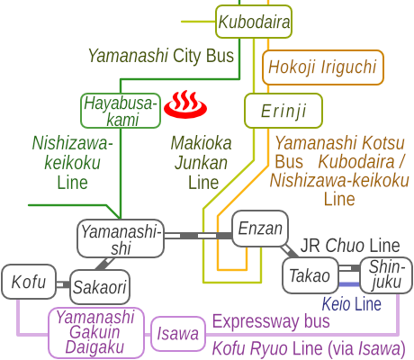 Train and bus route map of Hayabusa-onsen, Yamanashi Prefecture, Japan