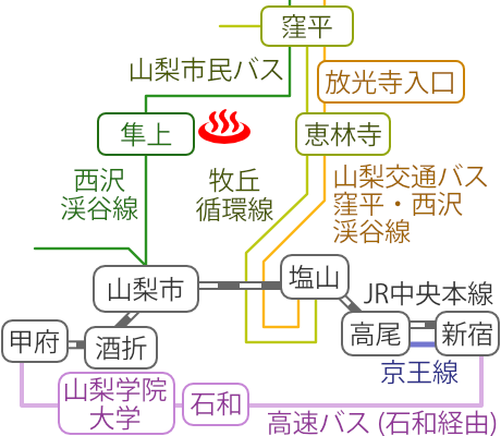 山梨県はやぶさ温泉の電車バス路線図