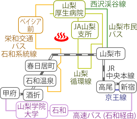 山梨県正徳寺温泉初花の電車バス路線図