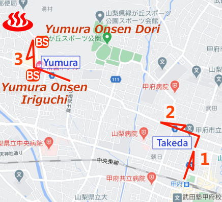 Map of Tsue-onsen Koboyu, Yumura Onsen, Yamanashi Prefecture, Japan (bus stop included)
