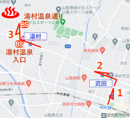 Map of Tsue-onsen Koboyu, Yumura Onsen, Yamanashi Prefecture, Japan (bus stop included)