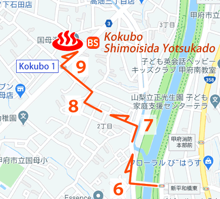 Map and bus stop of Kofu Kokubo-onsen in Yamanashi Prefecture