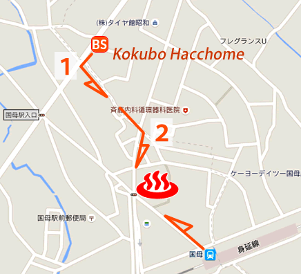 Map and bus stop of Kofu Sakurayu (ex Kokuboekimae-onsen) in Yamanashi Prefecture