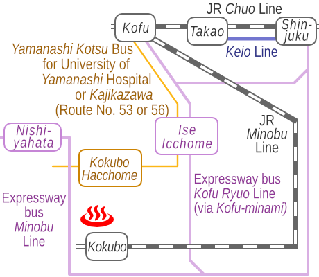 Train and bus route map of Kofu Sakurayu (ex Kokuboekimae-onsen), Yamanashi Prefecture