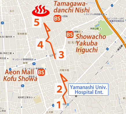 Map and bus stop of Kai Tamagawa-onsen in Yamanashi Prefecture