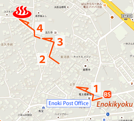 Map and bus stop of Kai Yamaguchi-onsen in Yamanashi Prefecture