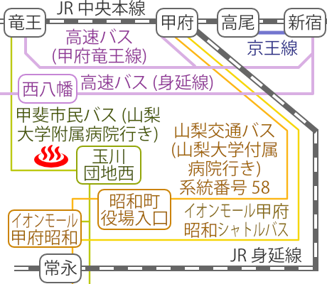 Train and bus route map of Kai Tamagawa-onsen, Yamanashi Prefecture