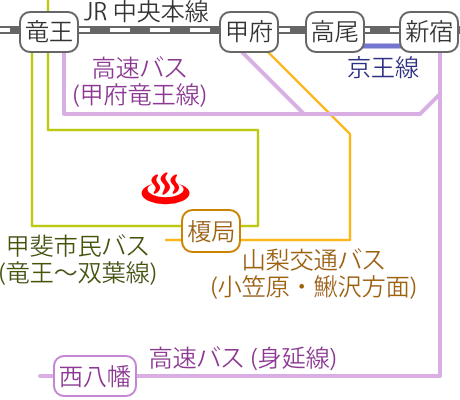 Train and bus route map of Kai Yamaguchi-onsen, Yamanashi Prefecture