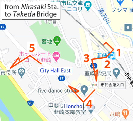 Map and bus stop of Nirasaki Asahi-onsen in Yamanashi Prefecture