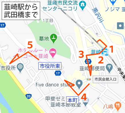 Map and bus stop of Nirasaki Asahi-onsen in Yamanashi Prefecture