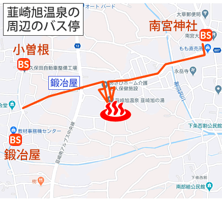 Map and bus stop of Nirasaki Asahi-onsen in Yamanashi Prefecture
