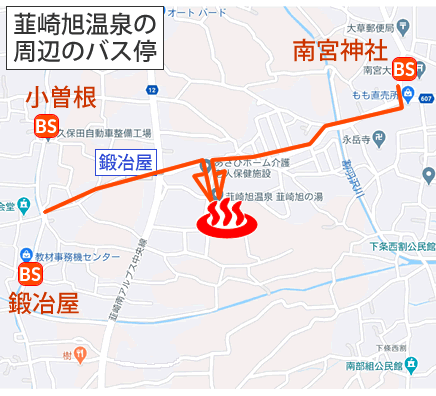 山梨県韮崎旭温泉の地図とバス停