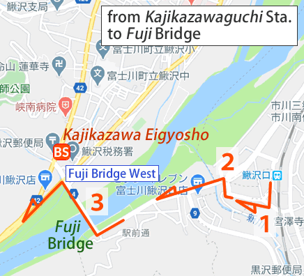 Map and bus stop of Jikkoku Onsen Yamanoyu in Yamanashi Prefecture