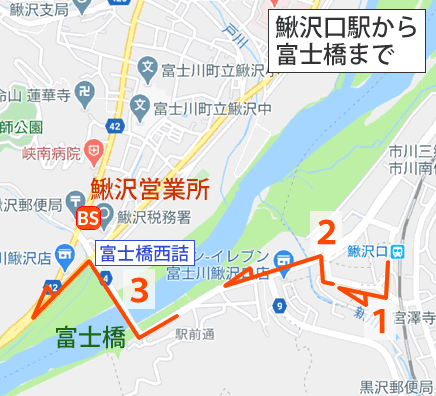 Map and bus stop of Jikkoku Onsen Yamanoyu in Yamanashi Prefecture