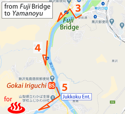 Map and bus stop of Jikkoku Onsen Yamanoyu in Yamanashi Prefecture