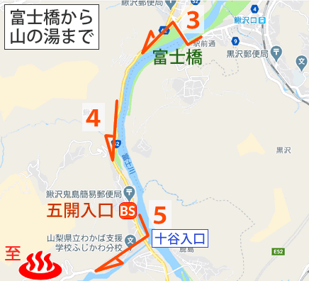 山梨県十谷温泉山の湯眺めの湯の地図とバス停