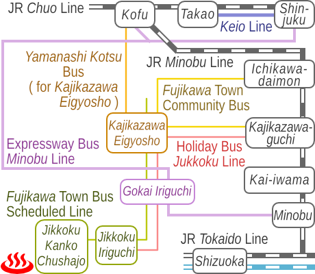 Train and bus route map of Jikkoku Onsen Yamanoyu, Yamanashi Prefecture