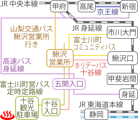 Train and bus route map of Jikkoku Onsen Yamanoyu, Yamanashi Prefecture