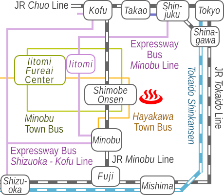 Train and bus route map of Shimobe Onsen Daiichikan Yukiya, Yamanashi Prefecture