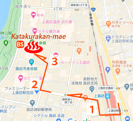 Map and bus stop of Kamisuwa Onsen Katakurakan in Nagano Prefecture
