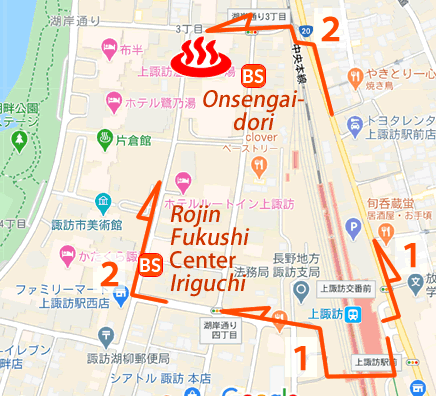 Map and bus stop of Kamisuwa Onsen Shibunoyu in Nagano Prefecture