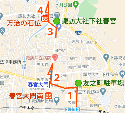 長野県下諏訪温泉毒沢鉱泉神乃湯へのアクセスマップ